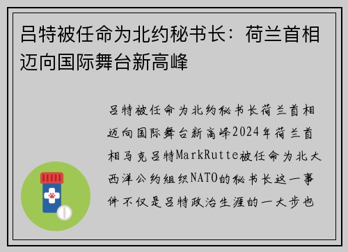 吕特被任命为北约秘书长：荷兰首相迈向国际舞台新高峰